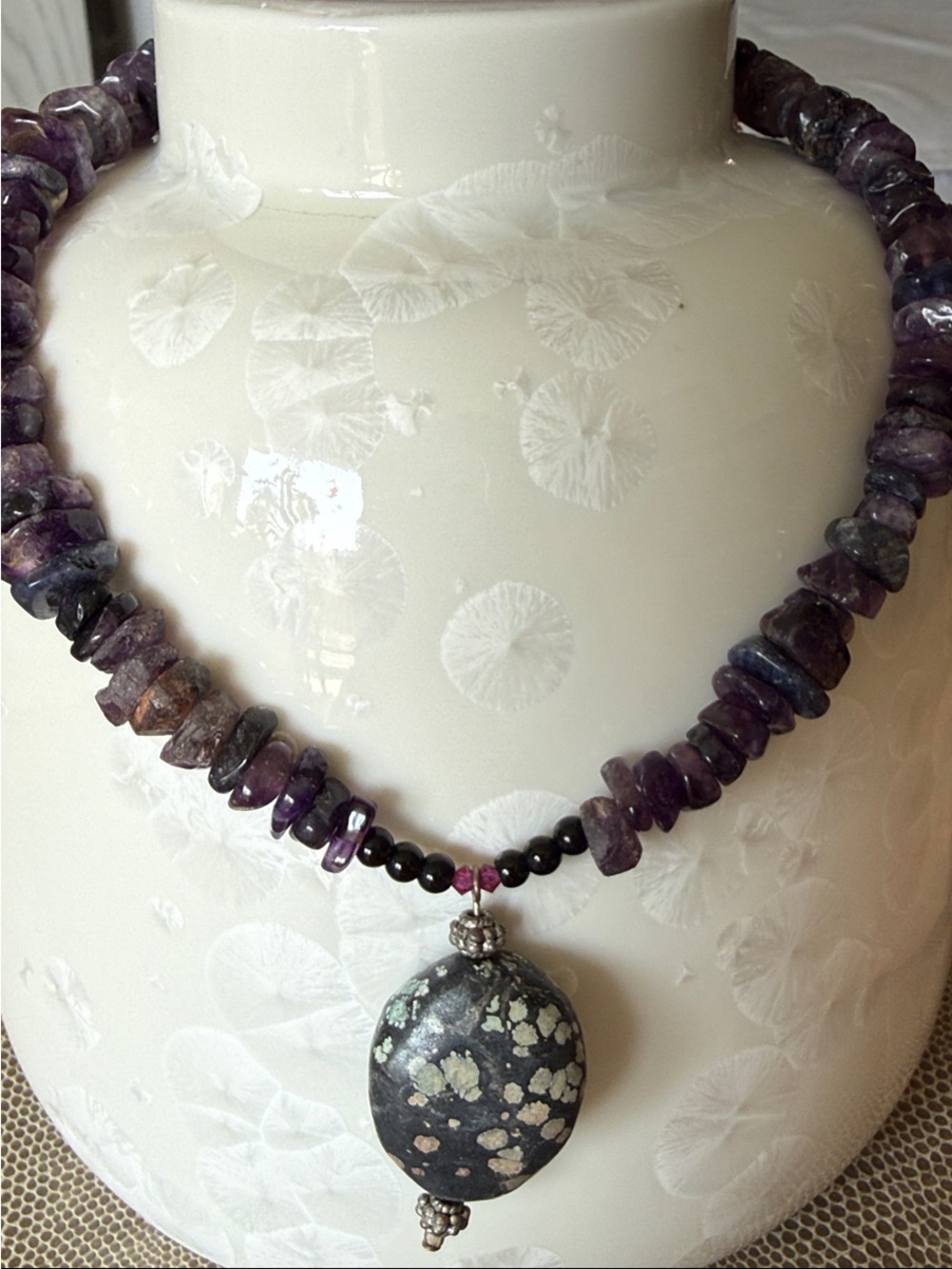 Purple Amethyst Chip Necklace with Black Speckled Pendant
